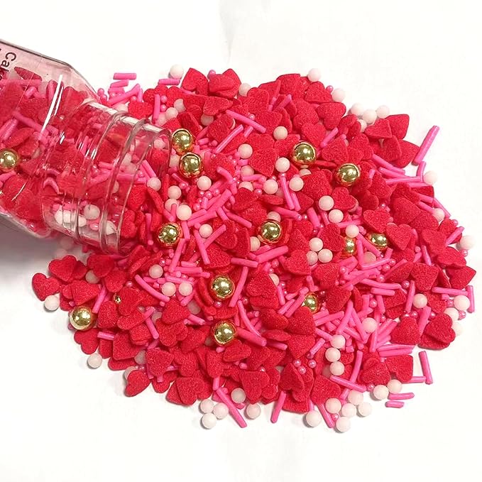 Sentovac Valentine Gold Peals Sprinkles Red Heart Jimmies Sprinkles Mix Edible for Cake Decorating Candy Cupcake Cake Topper Cookie Baking Decorations Wedding Supplies