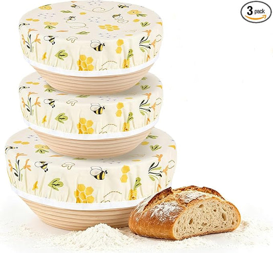 Reusable Beeswax Bowl Covers 3 Pack, 10 Inch (2 Medium)+ 12 Inch Elastic Sourdough Bowl Cover for Bread Proofing, Shower Caps for Bread Proofing Basket, Mixer Bowls