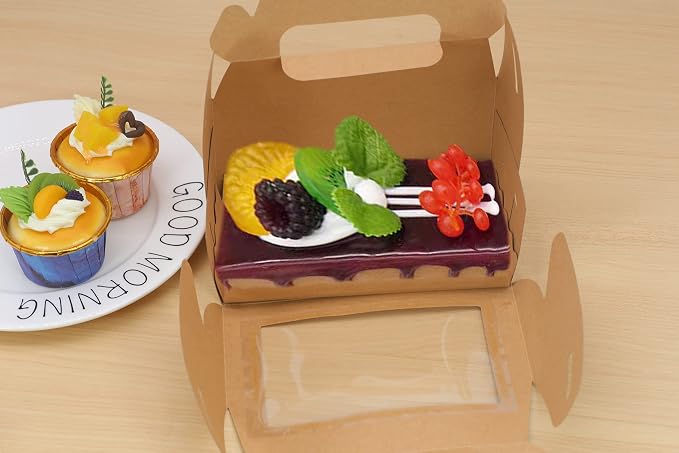 24pcs Kraft Cupcake Boxes 6.8''x3.6''x3.1'' Clear Window Cake Paper Holders Cake Boards Disposable Tiered Cake Containers Handle Boxes Treat Boxes Gift for Party Wedding, Christmas Party | Food-grade cardboard bakery boxes with window. Rustic design fo...