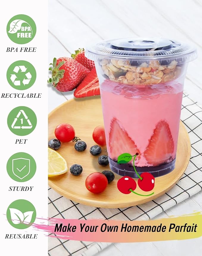 50 Sets 12 oz Clear Plastic Cups with Insert & Flat Lids(NO HOLE) - Disposable Parfait Cups with Lids for Fruit Yogurt Smoothie Iced Cold Drinks Dips and Veggies, No Leaking