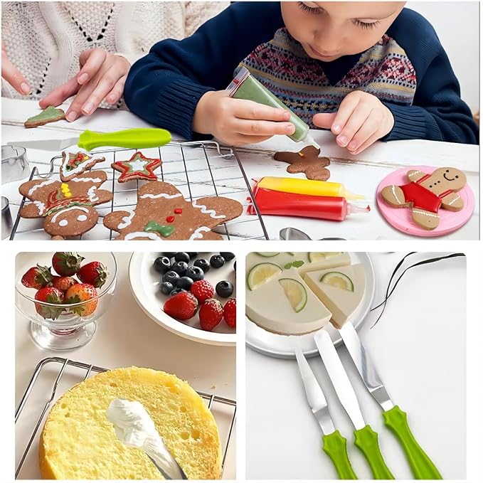 Cake Cream Spatulas, 3 Pieces of Cake Angled Spatula with Stainless Steel, Professional Cake Decorating, Pastry & Baking, Icing Frosting Cream Chocolate Cake Spatula (3 Pcs Green)