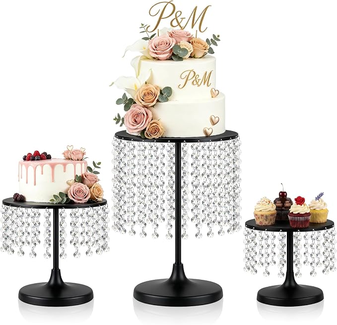 Metal Cake Stand Set with Crystal Pendants - Elegant Dessert Table Display for Weddings, Birthday Parties, Baby Showers, Events - Sturdy Crystal Bling Cupcake Stands for Pastries, Sweets, Decorations (Black, Set of 3)