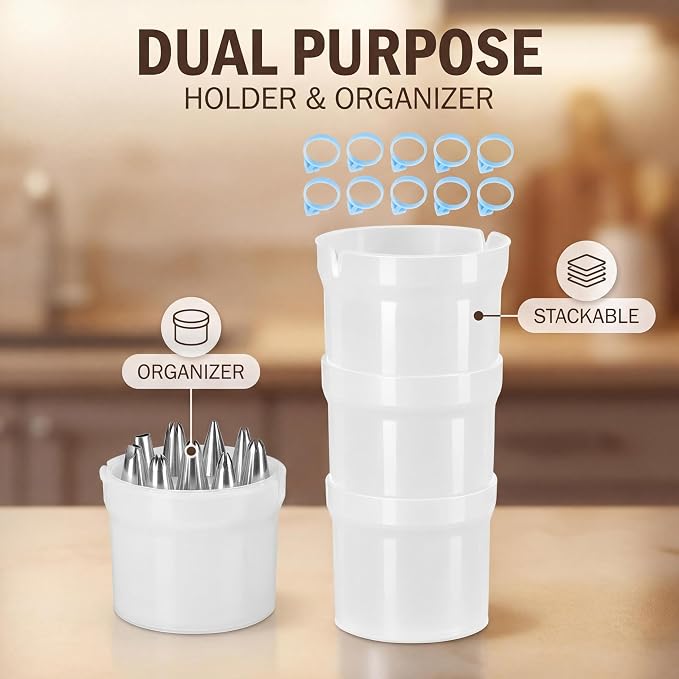 1-Pack Pastry Bag Holder Cake Decorating Supplies with Piping Tip Organizer & Piping Bag Clips, Perfect for Dessert Icing & Pastry Baking