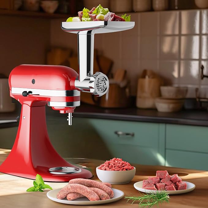 GVODE Stainless Steel Meat Grinder Attachment for KitchenAid Stand Mixer, Food Grinder attachment with 4 Grinding Plates, 3 Sausage Stuffer Tubes, 2 Grinding Blades, Mixers Accessories for Kitchen Aid