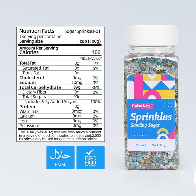 Sanding Sugar Edible Silver Glitter Stars Mix, Edible Blue&Purple Sugar Sprinkles for Cake Decorating, Sparkling Edible Sanding Sugar for Cupcake Toppers Cookie Decorations For Wedding Party Celebrations 3.5oz (BLue)