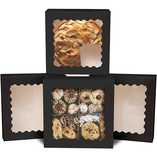 qiqee Auto-pop Up Black Pastry Box With Window 8x8x2.5 Inch Donut Pie Boxes 30pcs Bakery Box