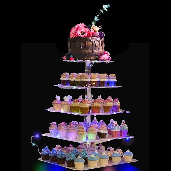 Cupcake Tower Stand, Acrylic 5 Tier Cupcake Display Stand, Cake and Cupcake Stand Combo Set, Bases para Cupcakes, Candy Bar Party Décor Ideal for Birthday Party Wedding