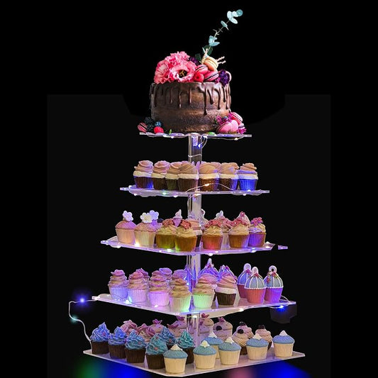 Cupcake Tower Stand, Acrylic 5 Tier Cupcake Display Stand, Cake and Cupcake Stand Combo Set, Bases para Cupcakes, Candy Bar Party Décor Ideal for Birthday Party Wedding