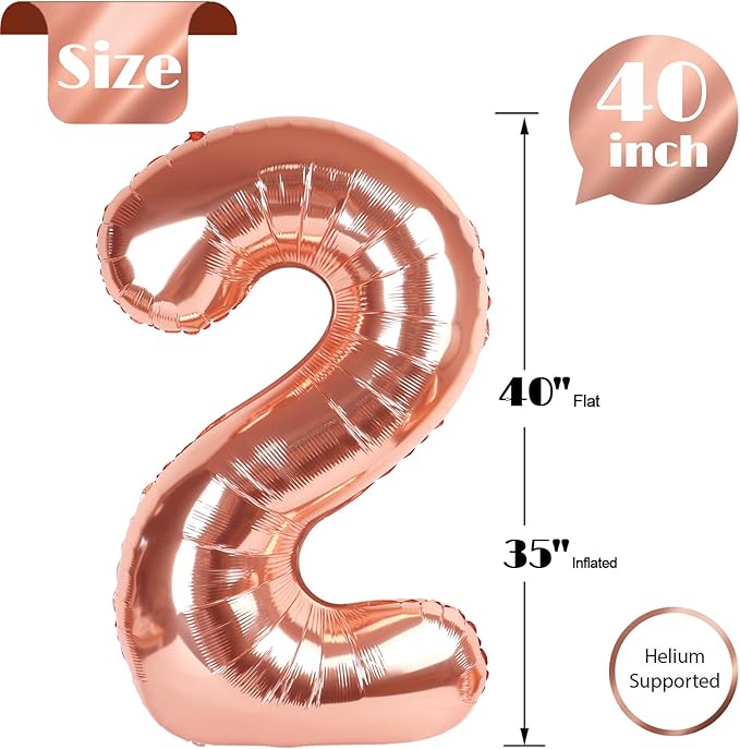 Rose Gold Number 2 Balloon 40 Inch, 2nd Birthday Decoration for Toddlers Girls Boys, Sparkling 2 Number Balloon Party Decor