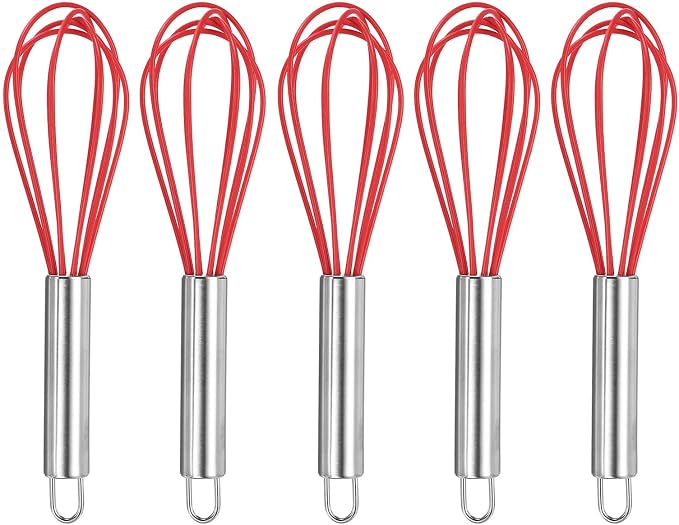 HARFINGTON 5Pcs Silicone Whisk 8" Kitchen Whisk Wire Whisks Beater with Stainless Steel Handle for Egg Milk Whisking Blending Beating & Stirring, Red