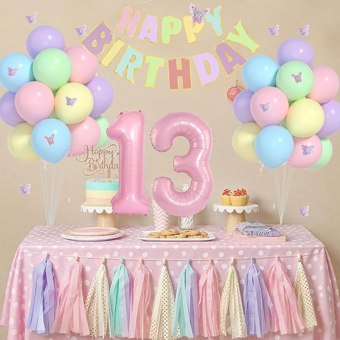13th Birthday Decorations For Girls -12 Inch Pastel Balloons, 32 Inch Pink 13 Balloon, 3D Butterflies Stickers, Happy Birthday Banner For Teen Girl 13th BD Decorations