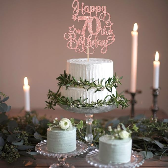 1 PCS Happy 70th Birthday Cake Topper Glitter Cheers to 70 Years Birthday Cake Pick Hello 70 Fabulous Cake Decoration for Happy 70th Birthday Anniversary Party Decorations Supplies Rose Gold