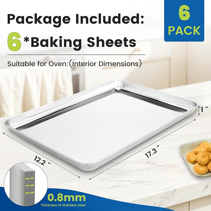 BIEAMA 6 Pack Stainless Steel Toaster Oven Baking Sheets, 17.3 x 12.2 in | Stainless steel pans with no chemical coating, mirror-polished finish and rolled edges; dishwasher safe, oven safe to 500°F.