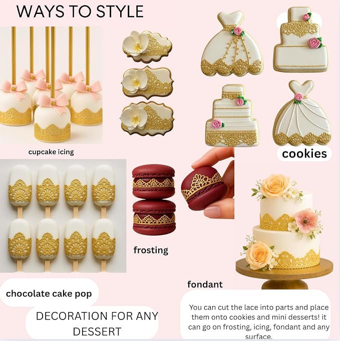 3 Pieces Shiny Gold Honeycomb Edible Sugar Cake Lace Strips - Ready to Use Handcrafted Decoration with 3D Effect