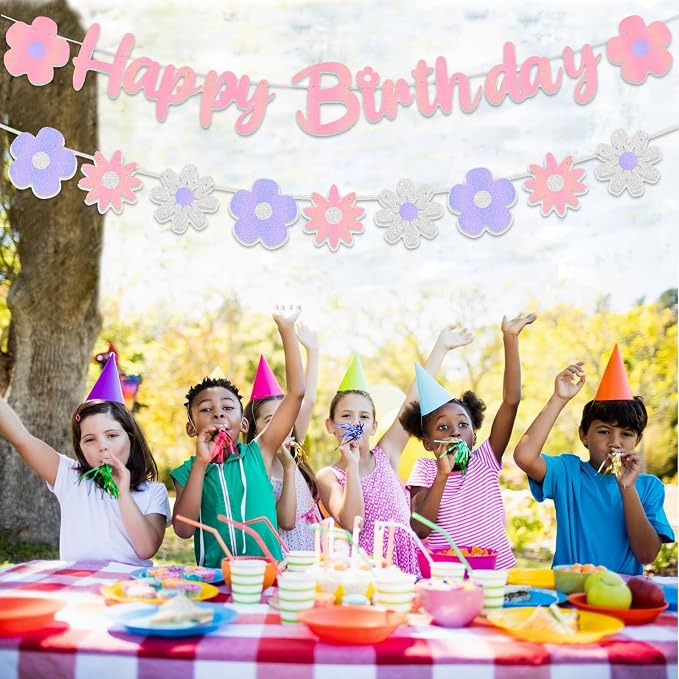 Zwiebeco Pink Floral Happy Birthday Banner Bunting Garland Hanging Paper Party Decoration Supplies for Spring Summer Wildflower Boys Girls Kids Baby Shower Bday Decor Accessories Supplies