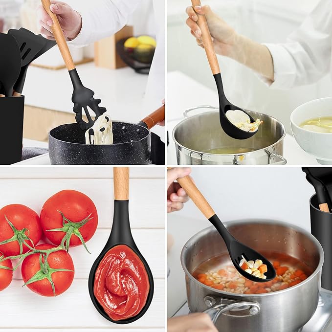 Kitchen Utensils Set of 12, E-far Silicone Cooking Utensils with Holder, Non-stick Cookware Friendly & Heat Resistant, Includes Spatula Tong Whisk Ladle Brush Slotted Turner Spoon(Black)