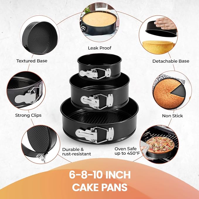 RFAQK Springform Pans Set of 3 - Non-Stick Leakproof Round Cheese Cake Pans 6" 8" 10" for Baking with 90 Pcs Parchment Paper Liners and Ebook - Perfect for Cheesecakes, Layer Cakes Baking, & More!