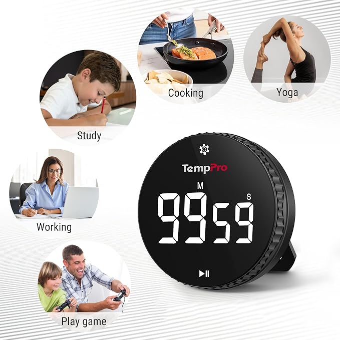 TempPro Digital Kitchen Timer, Magnetic Countdown Timer with Easy-Twist Knob, Loud Alarm & Silent Mode, Large LED Display, Cooking Timers for Classroom, Teachers, Kids & Seniors (Previously ThermoPro)