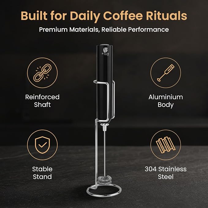 Bean Envy Rechargeable Milk Frother Handheld, Aluminium Coffee Frother Handheld with Stainless Steel Frother Wand, Best Coffee Frother Gift | Adjustable Speed Frother (USB C Cable and Stand Included)