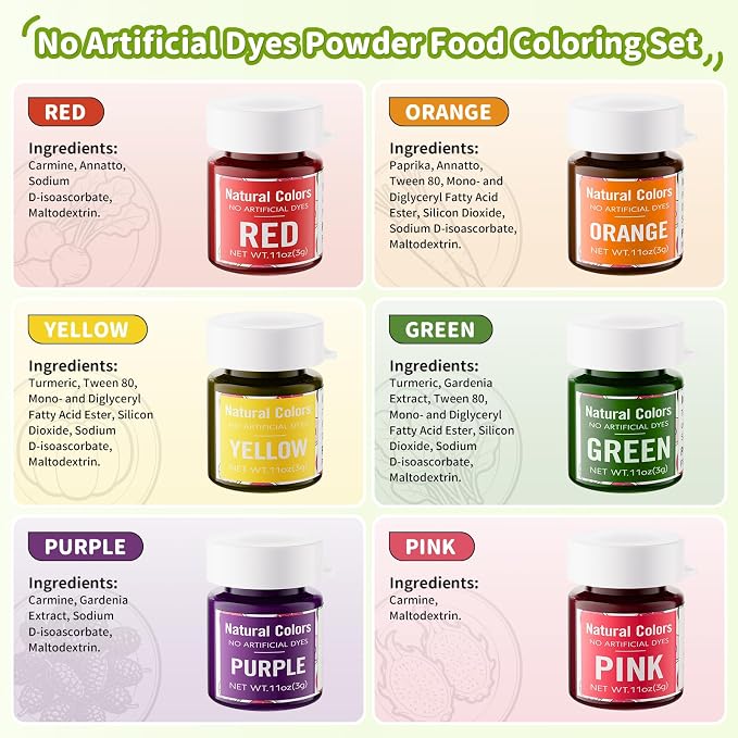 Natural Food Coloring Powder Set - No Artifical Dyes, Vivid Powder Food Color Dye, Water Based All Nature Colorants for Cake, Frosting, Cookies, Baking, Red Green Pink Purple Orange Yellow,3g/Jar