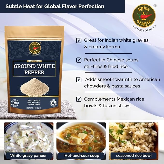 Spice Magic Ground White Pepper 4 oz | Gentle, Mild Heat and Subtle Flavor Perfect For Light Sauces, Soups, Chicken, and Seafood.