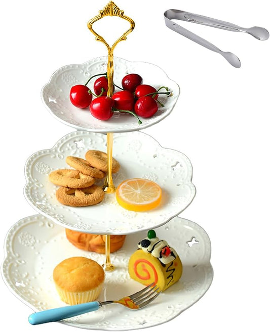 Jusalpha Cupcake Stand 3 Tier White Porcelain Cake Stand Dessert Stand Tea Party Serving Platter, Comes in a Gift Box- Free Sugar Tong (White)