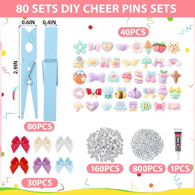 Geelin Cheer Pins Kit with 80 Pcs Spirit Clips, 800 Letter Beads, 160 Volleyball Charm, 40 Various Charms, 30 Bows, Glue, Decoration for Cheerleaders Team Gifts Bulk Stuff DIY, Macaron Colors