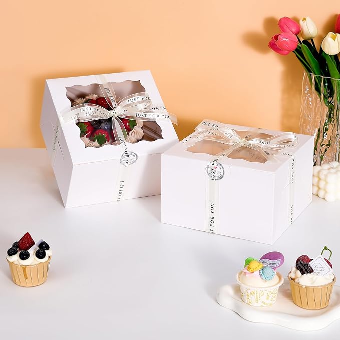 28 Sets 8x8x5 Cake Box, White Cake Box with Window 28pcs White Boxes and 28 pcs Boards, 8inch Cake Containers with Lids for Easter and Mother's Day Cheesecake, Cakes.(8 * 8 * 5inch/28pcs)