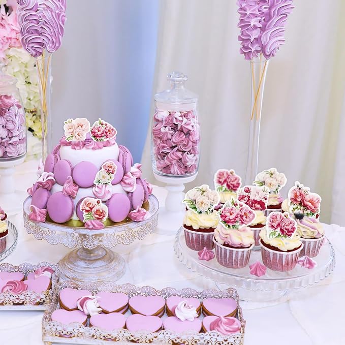 40Pcs Edible Peony Cupcake Toppers Peonies Flower Blossoms Cupcake Picks for Floral Mother's Day Bridal Shower Engagement Floral Wedding Girls Birthday Cupcake Decorations