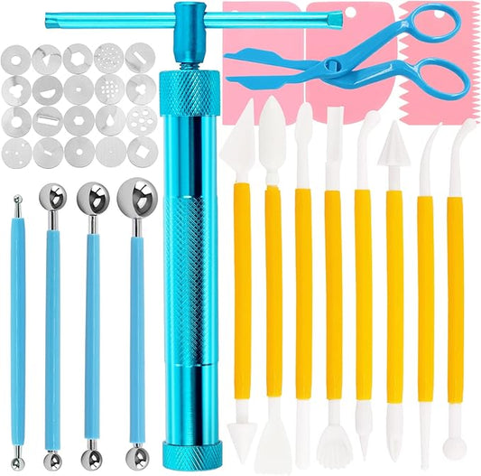 Swpeet 36Pcs Blue Clay Extruder Gun Fondant Sugar Paste Extruder Clay Cake Sculpture Gun, Ball Stylus Dotting Tool with Plastic Scraper, Cake Decorating Supplies Modeling Tool