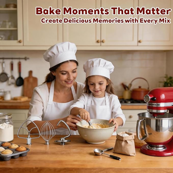 3-Piece Stainless Steel Mixer Attachment Kit for KitchenAid 4.5 and 5 QT Tilt-Head Stand Mixers, Includes K45WW Wire Whip, Dough Hook & K45B Flat Beater, Dishwasher Safe | Dishwasher Safe