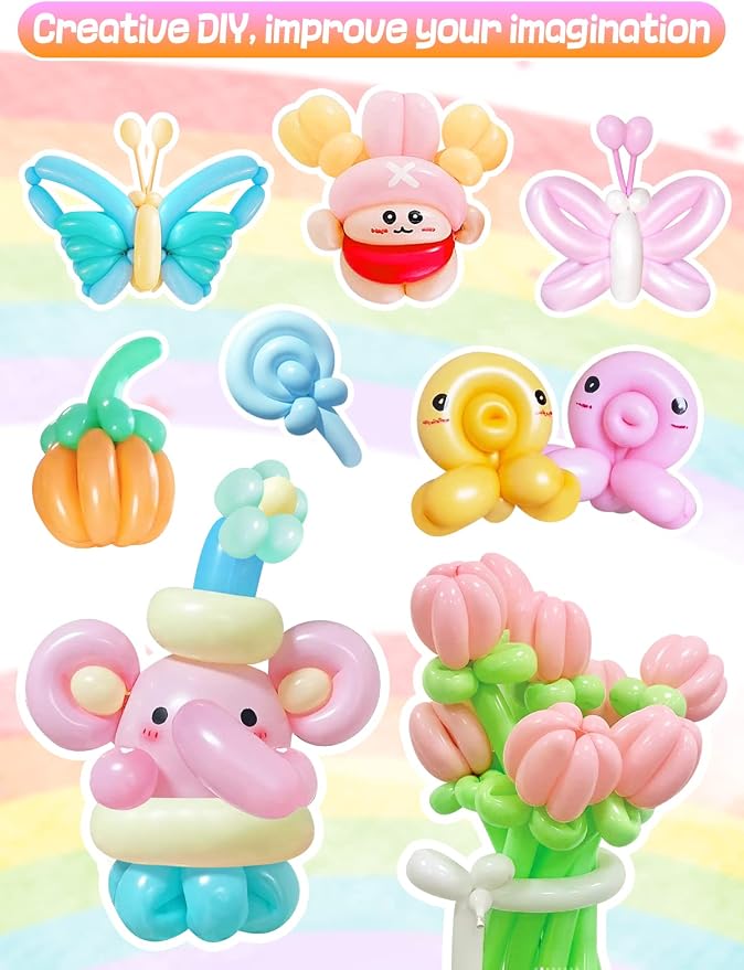 100 Pcs 260 Balloons Kit with Pump - Kids Premium Latex Twisting Long Balloons to Make Animals Flowers, Pastel Color Party Balloons for Boys Girls Birthday Gifts Clowns Wedding Decoration