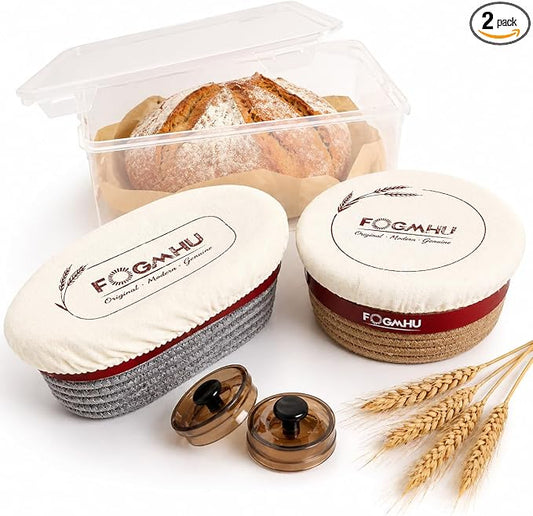 2-Pack Banneton Bread Proofing Baskets – Sourdough Starter Kit for Home Bakers, Cotton Rope Bannetons with Liners, Hanging Hooks, Dough Guide (9" Round & 10" Oval)