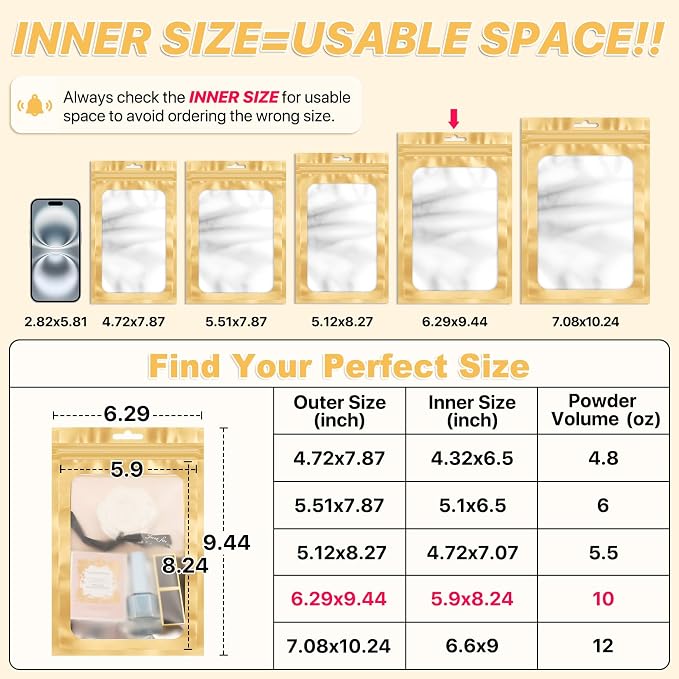ANZNKU 100 PCS Resealable Mylar Bags with Frosted Clear Window Packaging Bags Foil Pouch Zipper Bag for Food Self Sealing Storage Supplies (6.29x9.44, Light Gold)