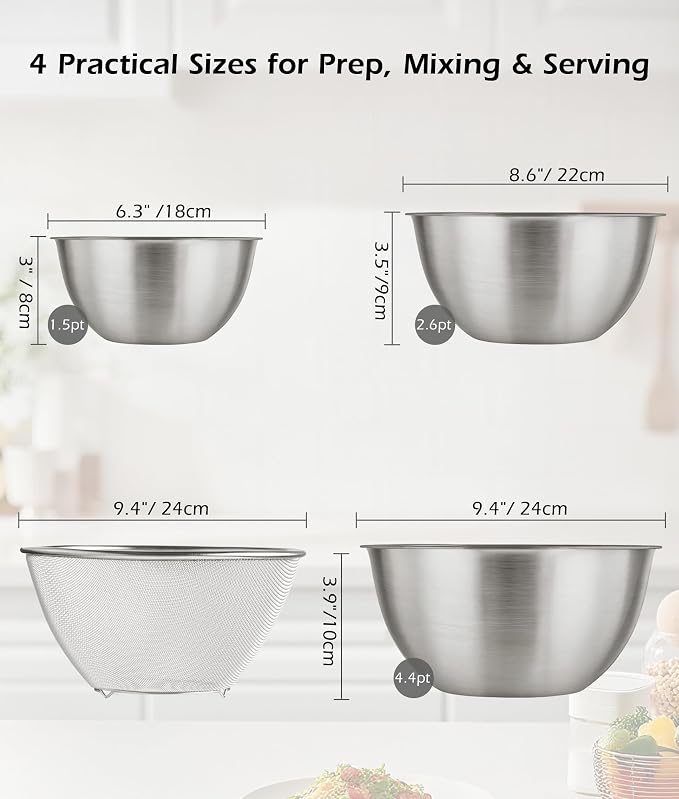Stainless Steel Mixing Bowls Set of 4 with Colander, Nesting Metal Kitchen Bowls with Measurement Marks for Mixing, Prep, Salad & Baking, Dishwasher Safe
