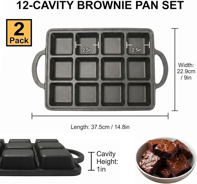 Flavehc 2Pack Cast Iron Brownie Pan with Dividers Individual 12 Cup Cavity Cast Iron Baking Pan for Brownies Square Muffin Pans Molds