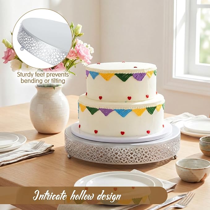 Wenqik Cake Stand 14 Inch Round Metal Cupcake Dessert Wedding Cake Stand Cookies Display Holder Fruit Serving Tray for Table Wedding Birthday Anniversary Party, Silver
