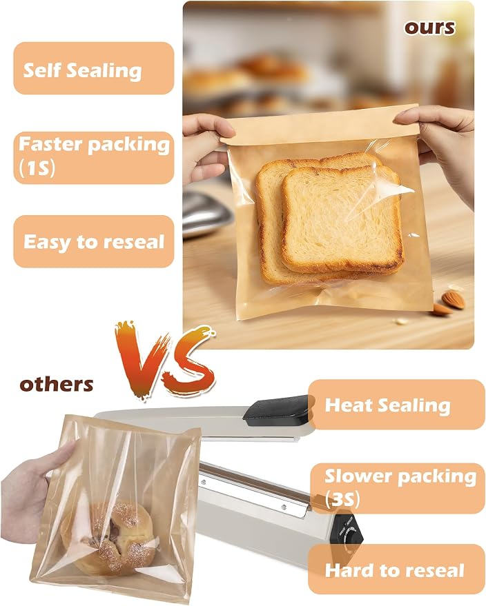 400 Self Sealing Sandwich Bags with Window, Paper Cookie Bags with Seal, Grease Resistant To Go Bakery Sleeves for Packaging Bagels, Donuts, Scone, Brownie, Small Pastries and other Treats