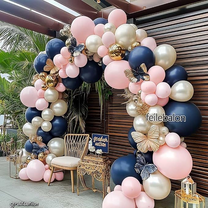 Navy Blue Pink Gold Balloon Arch Kit Double Stuffed Dark Blue, Pastel Light Pale Pink, White Sand Pearl Balloon Garland for Birthday Baby Shower Gender Reveal Wedding Graduation Party Decoration