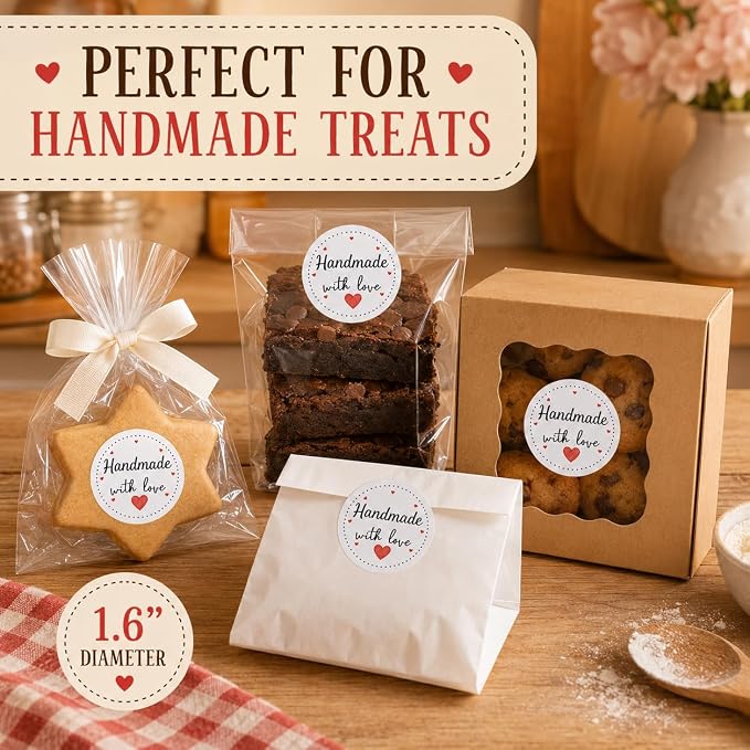 Handmade with Love Stickers: Strong Adhesive Smudge-Proof 120 Pcs 1.6" Round Self-Adhesive Decals for Bakery Small Business Gift Bags Envelopes Wedding Party Favors DIY Crafts