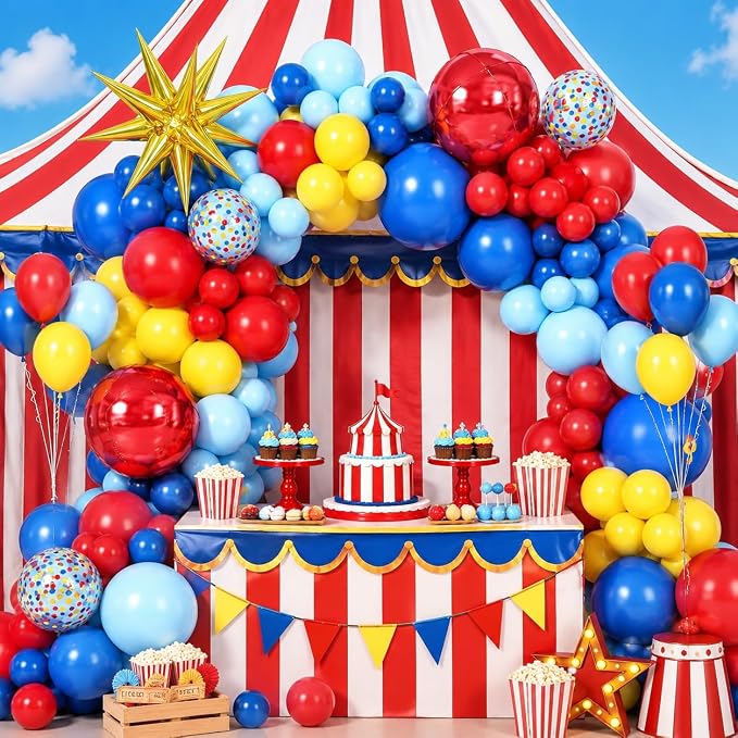 Red Blue Yellow Balloon Arch Garland Kit with Gold Star Foil Balloons Red 4D Round Ball Balloons for Birthday Party Carnival Circus Theme Decorations