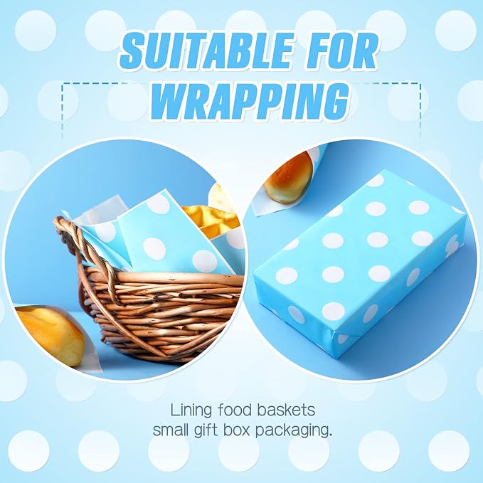 Gersoniel 150pcs Wax Paper Sheet for Food Dot Printed Bakery Tissue Greaseproof Disposable Wrapping Paper for Sandwich Food Picnic Baskets Liner Wedding Birthday Party Supplies(Blue,9.84x8.27'')