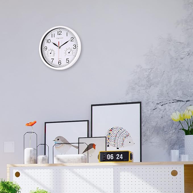 8 Inch White Wall Clock, Sweep Silent Movement Accurate Clocks with Temperature & Humidity, Decorative for Kitchen/Living Room/Bedroom/Office/School/Classroom