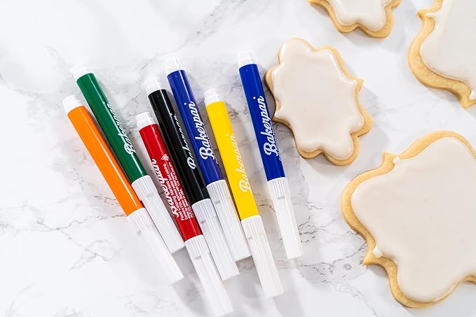 Bakerpan Edible Markers for Cookie Decorating - Set of 7 Standard Tip Food Coloring Pens for Cookies, Royal Icing, Fondant & Marshmallows | Made in USA