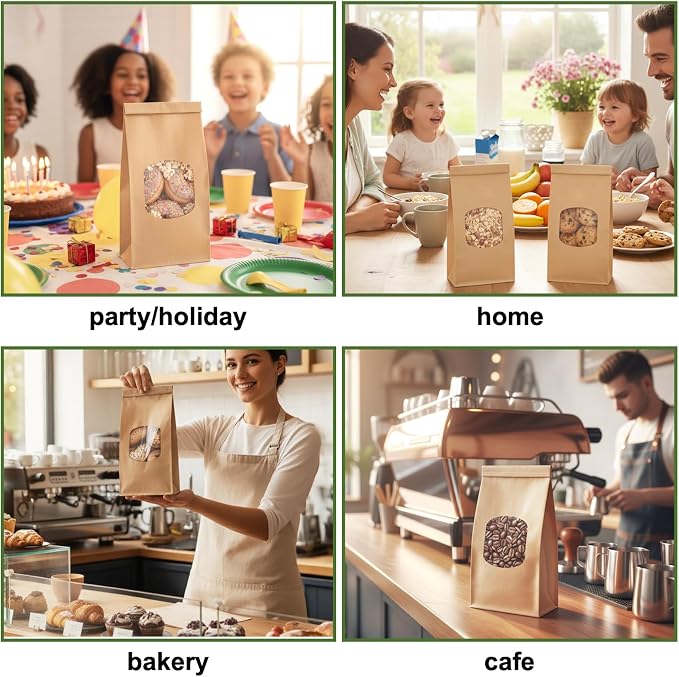 Moretoes Cookie Bags with Seal 55pcs 4.65x2.6x9.72in, Seal by Tin Tie Tab, Medium Brown Kraft Paper Bakery Bags with Window for Cookie Coffee Treat Bread Bagel Pastry Bakery Gift Giving Packing