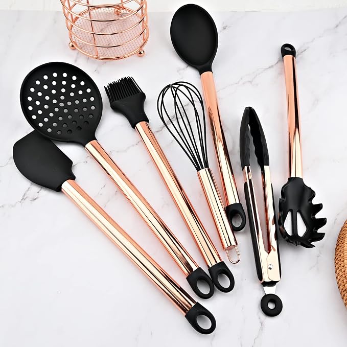 12pcs Copper and Black Cooking Utensils Set with Holder, Silicone Spatulas Set With Rose Gold Stainless Steel Handle, Copper Turner Tongs Kitchen Accessories Cooking Tools