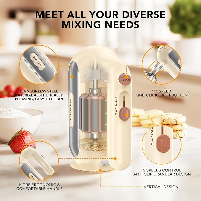 Hand Mixer Electric, 5-Speed Small Handheld Mixer, 2* (Dough Hooks & Beaters) Food Blender, Kitchen Blender for Baking, Cream, Cookies, 304 Dishwasher Safe