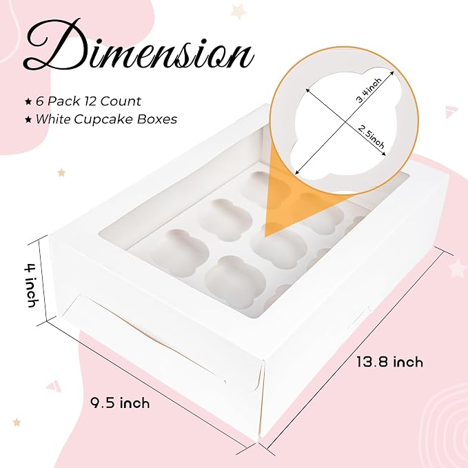 NPLUX 6 Pack Cupcake Boxes, 12 Count Cupcake Containers with Window and Cardborad, Food Grade Cupcake Carrier For Muffins Cupcakes Desserts (White 13.8×9.5×4 In)