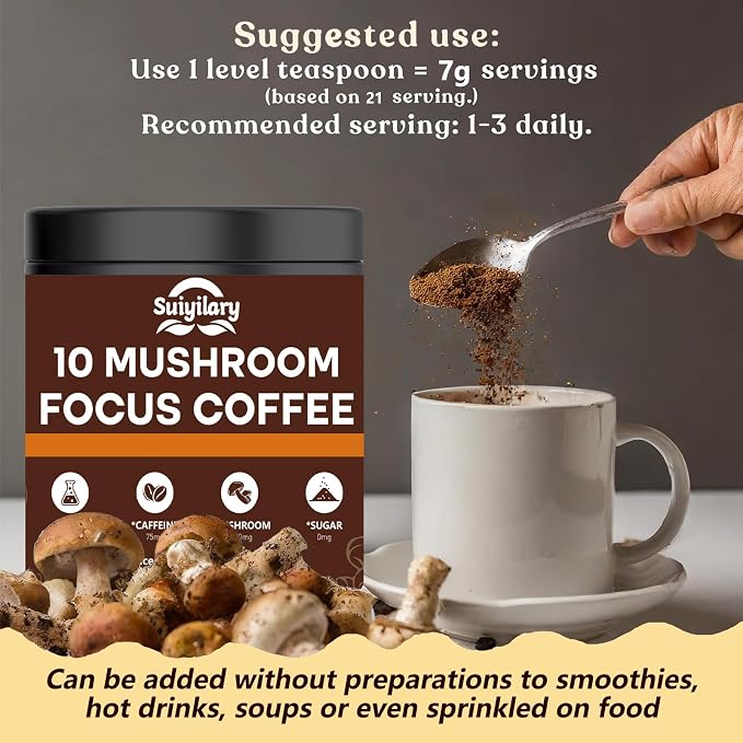 Suiyilary Mushroom Coffee with Focus, 10 Mushroom Extract Powder Blend Lion's Mane, Brain Supplements with Instant Coffee for Energy, Focus, Memory and Immunity 147g 21 Serving