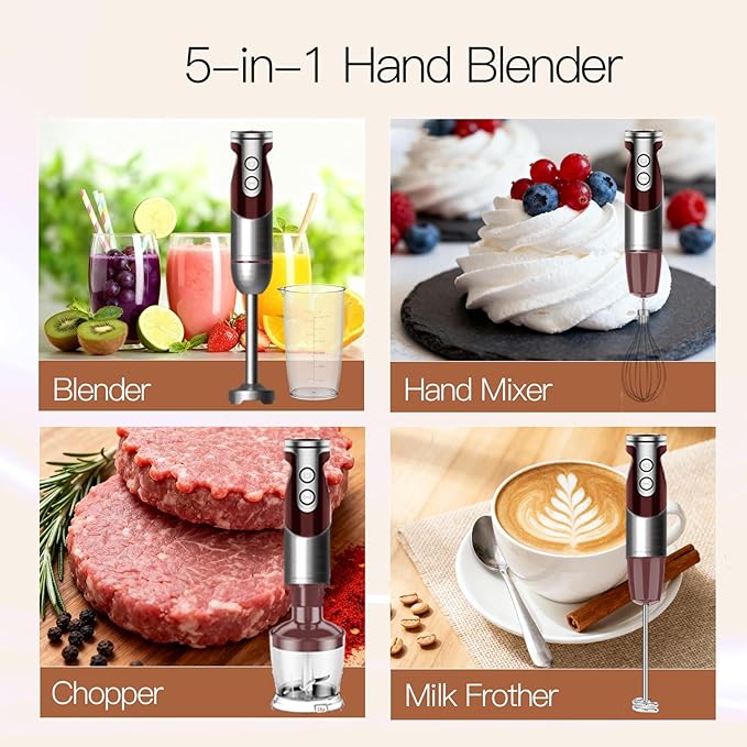 MegaWise 5-in-1 Immersion Hand Blender, Titanium Reinforced Blades (80% Sharper), 12-Speed Powerful Stick Blender with 500ml Chopper, 600ml Beaker, Whisk & Milk Frother for Smoothies, Baby Food & Soup